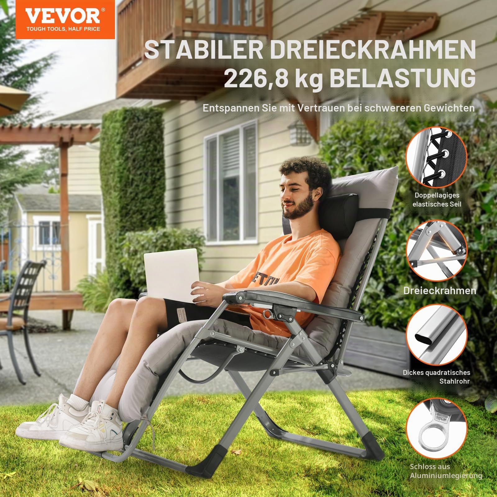 VEVOR Sonnenliege Liegestuhl Klappbar & Wetterfest, Gartenstuhl Belastbar 226,8 kg Verstellbarer Anti-Schwerkraftstuhl mit Kissen, Kopfstütze, Fußstütze, Getränkehalter, 83,82 cm Gartenliege, Grau
