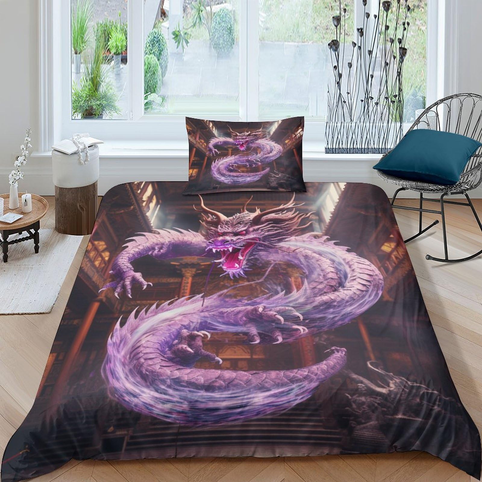 Guydzoom Style-9 Purple Dragon Duvet Cover Sets 3 Pcs Hotel Quality Quilt Cover Bedding Set Bed Covers With Pillowcases With Zipper Closure Ultra Soft Hypoallergenic Microfiber Single（135X200cm）
