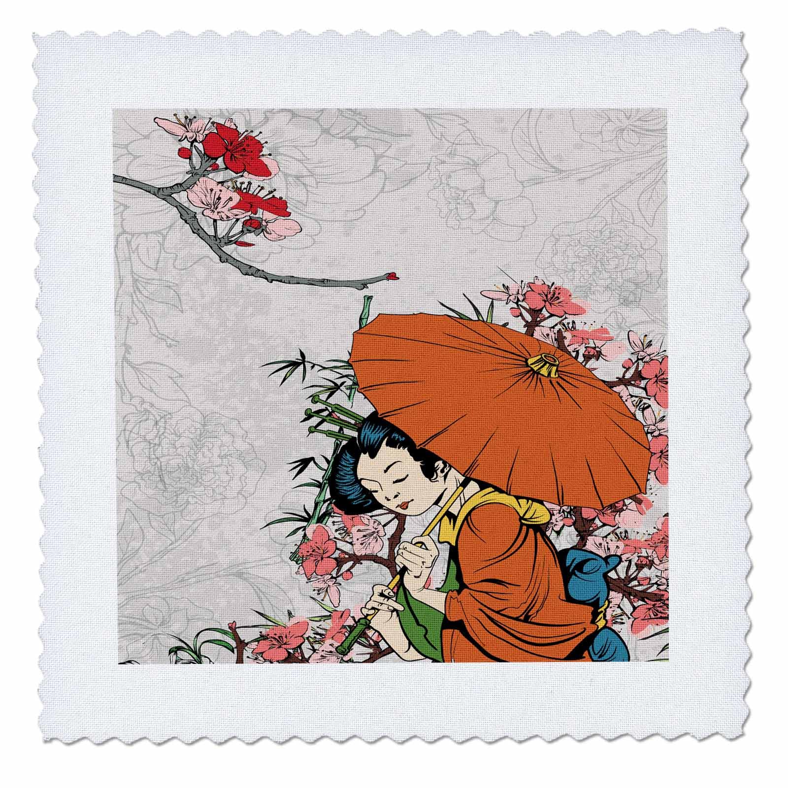 20x20 inch Quilt Square - Lovely Japanese Geisha with Umbrella and Sakura Cherry Blossom Flowers Illustration Oriental Inspired Designs