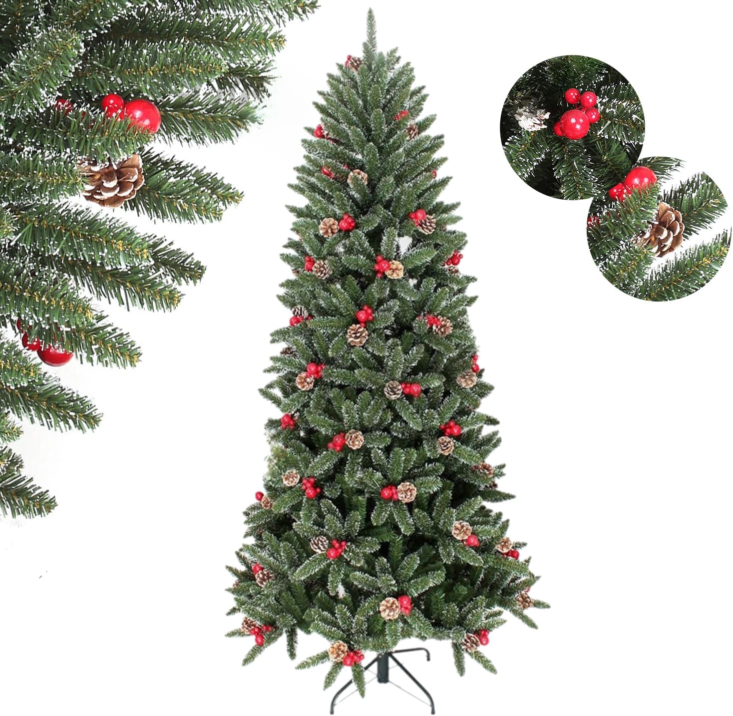 UimoKi 1.5M Christmas Tree with Red Berries and Pine Cones, Premium Artificial Xmas Pine Tree with Foldable Stand, Max 424 Branch Tips, Easy to Assemble with Metal Hinges, for Home, Party Decoration
