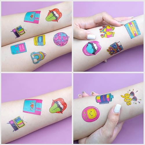 Miniatura 7 de Tatuajes temporales retro de Regreso a los años 90 y 80 para niños, diseños coloridos, 96 piezas, perfectos para fiestas temáticas de cumpleaños,