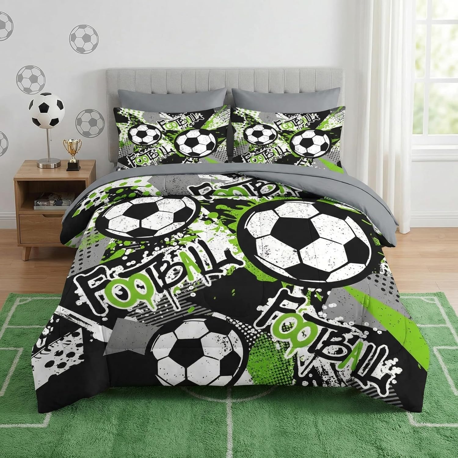Couette 240x260 chaude football adulte vert et noir avec taies 65x65
