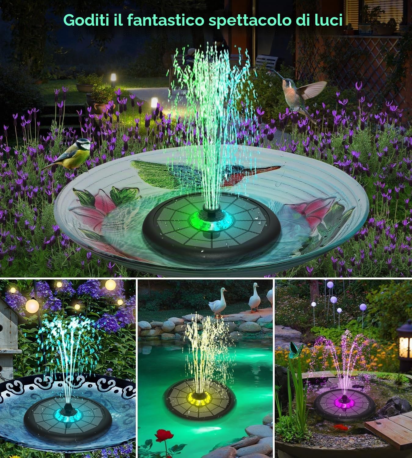 SZMP Fontana Solare, 10 Luci 5W, Pompa ad Acqua Solare Fontana con 7 Ugelli, 4 Fissatori, 4000mAh Batteria, Fontana da Giardino Esterno per Uccelli, Acquario, Vaso dei Pesci
