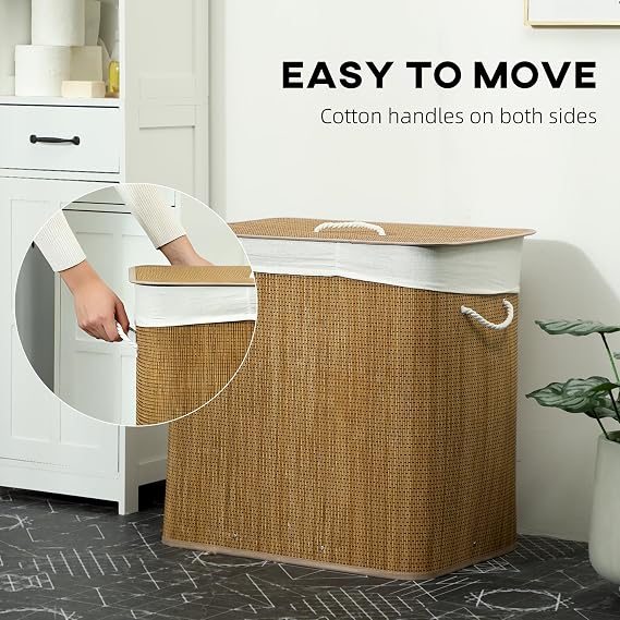 HOMCOM 144L Laundry Basket with Lid 2 Section Laundry Hamper Brown
