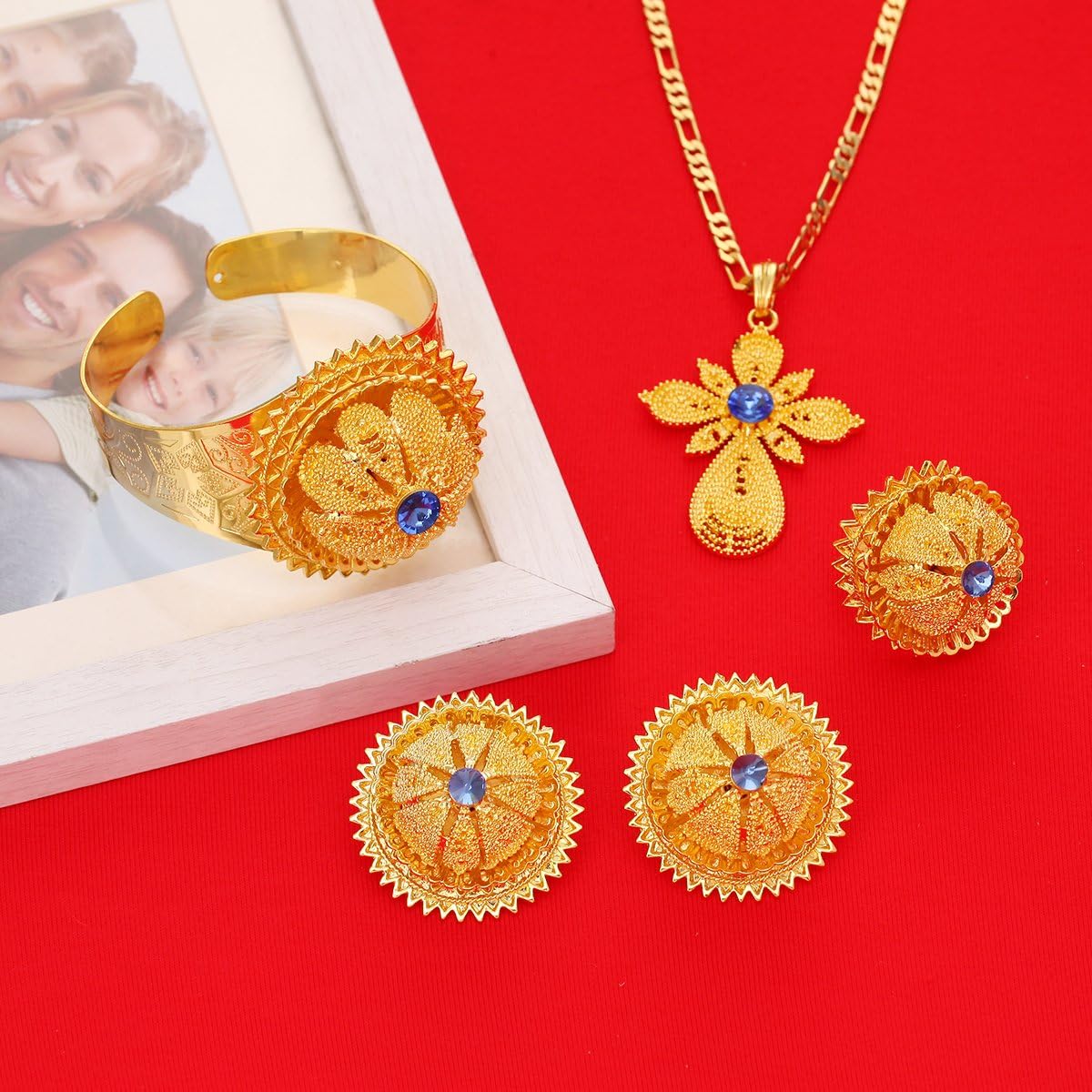 Gold Plated Ethiopian Jewelry Sets Red Blue Green Stone Habesha African Jewelry