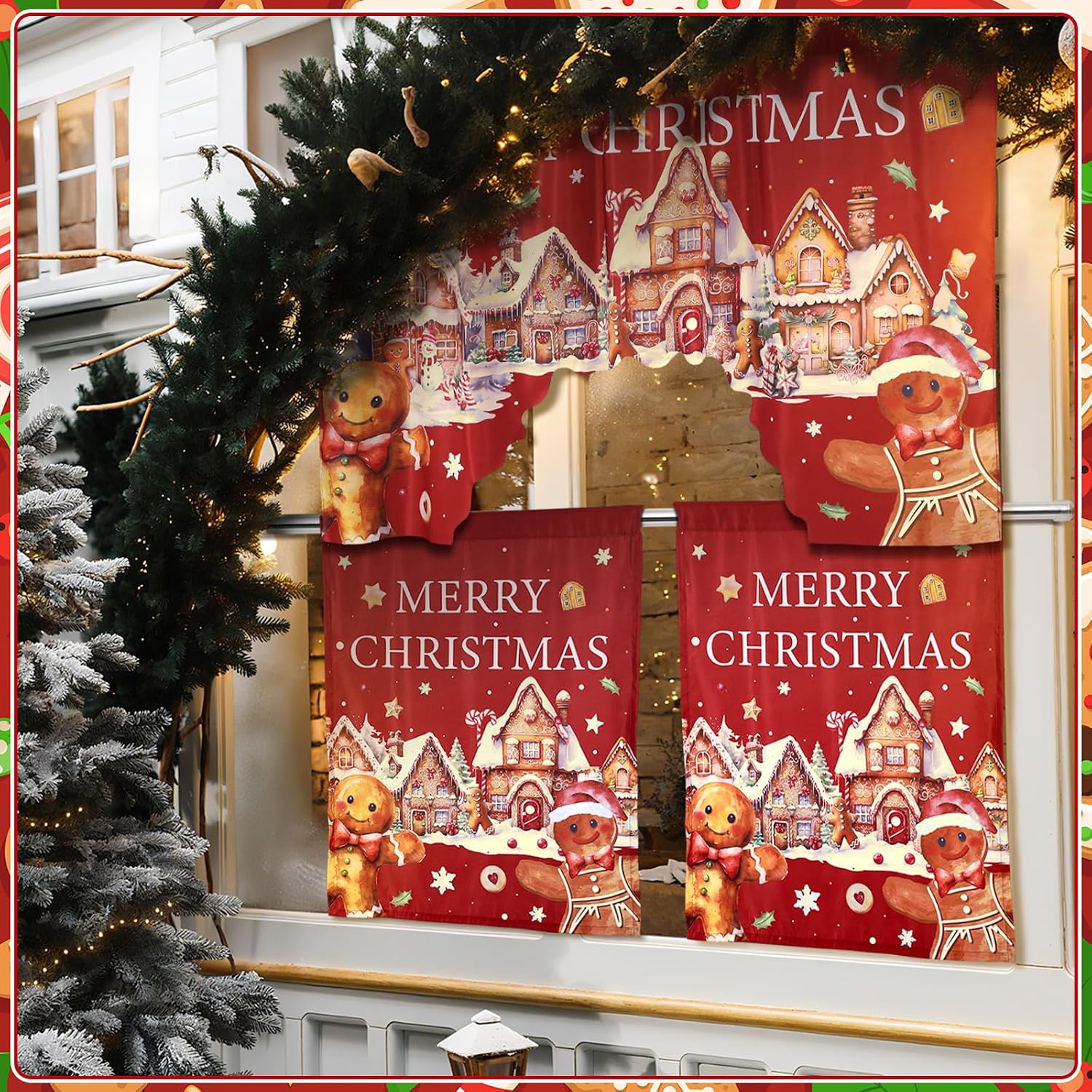 Remagr Christmas Kitchen Curtains 3 Pieces Set Gingerbread Man Window Curtains and Valance for Kitchen Home Bedroom Living Room Cafe Windows 60'' x 36'' Valance & 36'' x 30'' x 2 Panels