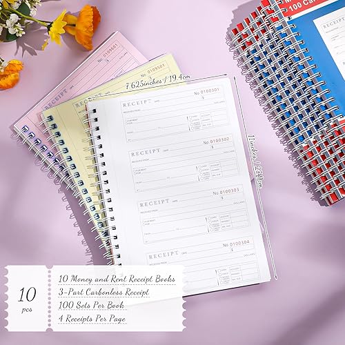Miniatura 3 de Crtiin Libro de recibos de 10 libros de dinero y alquiler de 3 partes, libro de recibos sin carbono, tapa encuadernada en espiral, libro de registro