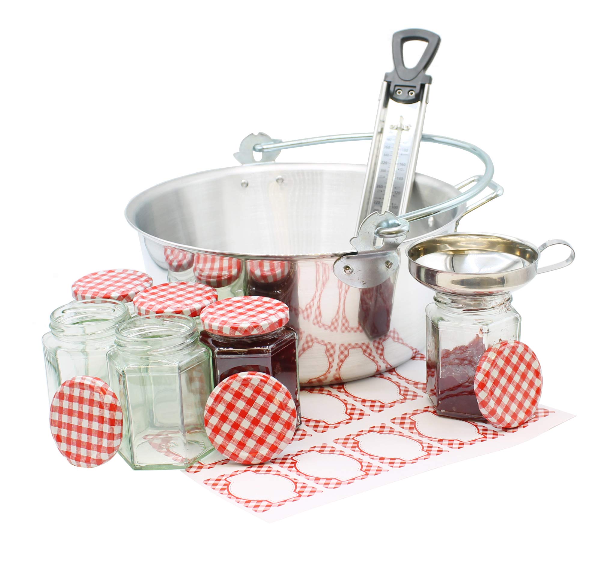 Jam Making Kit Starter Bundle Includes Maslin Pan Suitable for Electric, Gas or Induction Hob, 6 x Jars & Lids, Thermometer, Funnel & Labels Comes Boxed