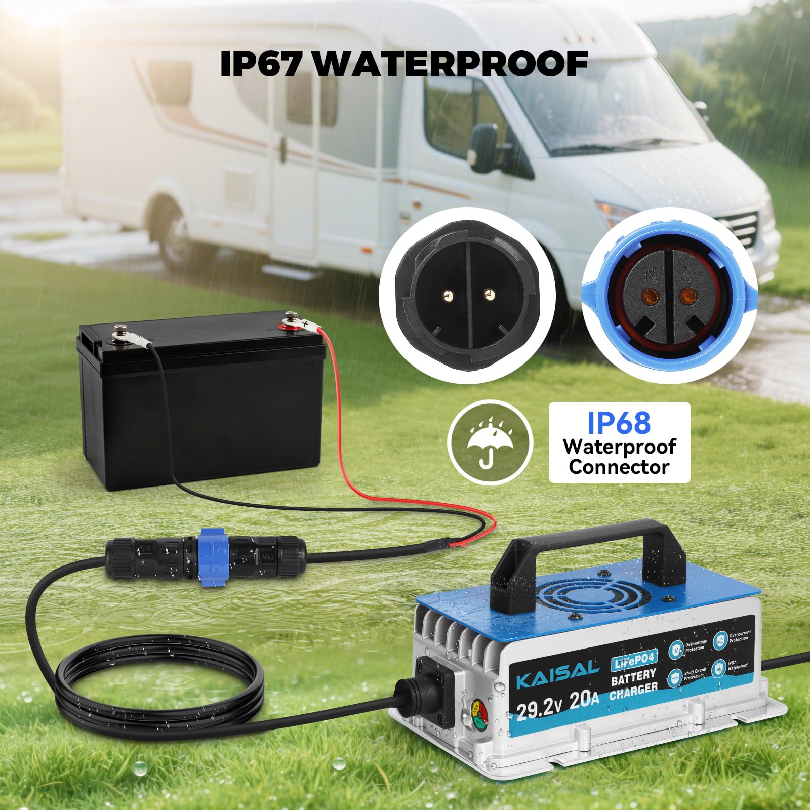 KAISAL LiFePO4 ładowarka 29,2 V 20 A LiFePO4 | Do baterii litowej 24 V/25,6 V, aktywowany 0 V, wodoszczelność IP67, 24 V litowa ładowarka do kamperów, łodzi, solarnych