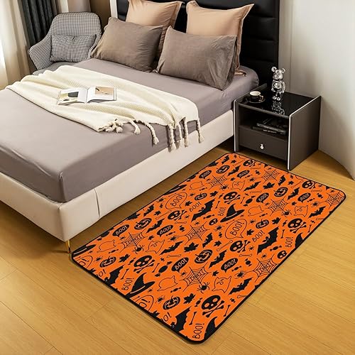 Miniatura 4 de jejeloiu Alfombra con temática de Halloween para niños, 5 x 7 pies, farol de calabaza, para sala de estar, dormitorio, diseño de mago de calavera,