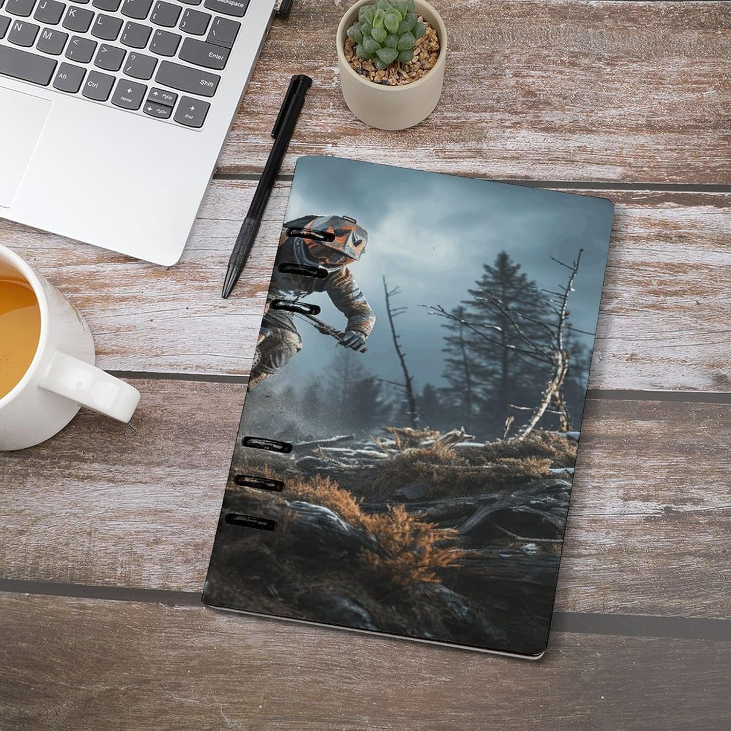 Mountain Bike Tournament Notebooks 6 Ring Binder Notebook A5 Leather Refillable Subject Notebooks Loose Leaf Personal Planner College Ruled Paper Hardcover Journal Notebook 90 Pages 6.8" X 9"