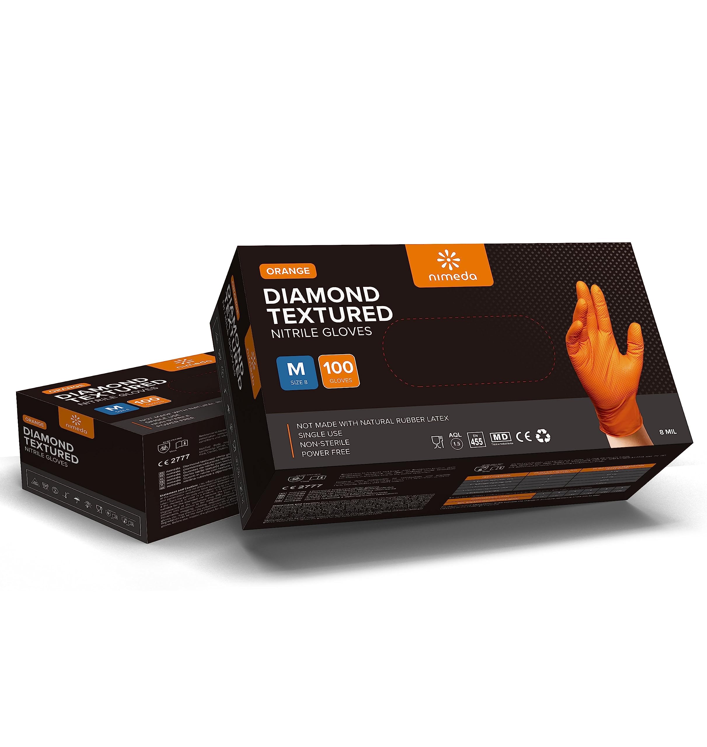 NIMEDA Guanti usa e getta, colore arancione, 500 pezzi, guanti in nitrile, 2-3 guanti usa e getta, senza polvere, senza lattice con impugnatura diamantata (500, M)