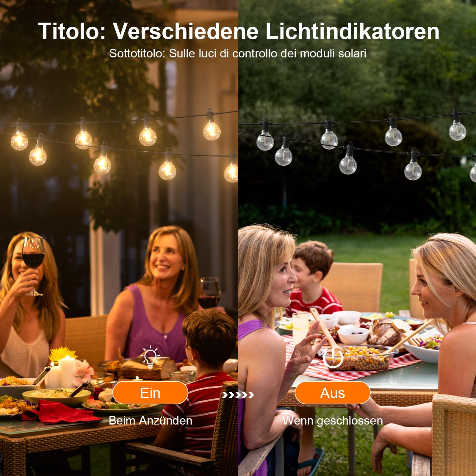 Kawaya - Ghirlanda di luci LED solari per esterni, lampadine G40, bianco caldo, con pannello solare, impermeabile, grado di protezione IP65, con 25+2 lampadine G40 resistenti alle rotture, bianco