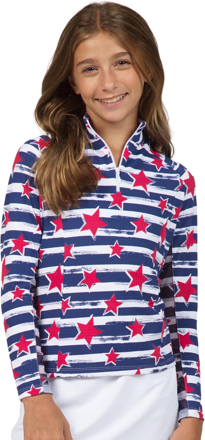 IBKUL Athleisure Wear Sun Protective UPF 50+ Icefil Cooling Youth Americana II Print Long Sleeve Mock Neck Top – 10490G