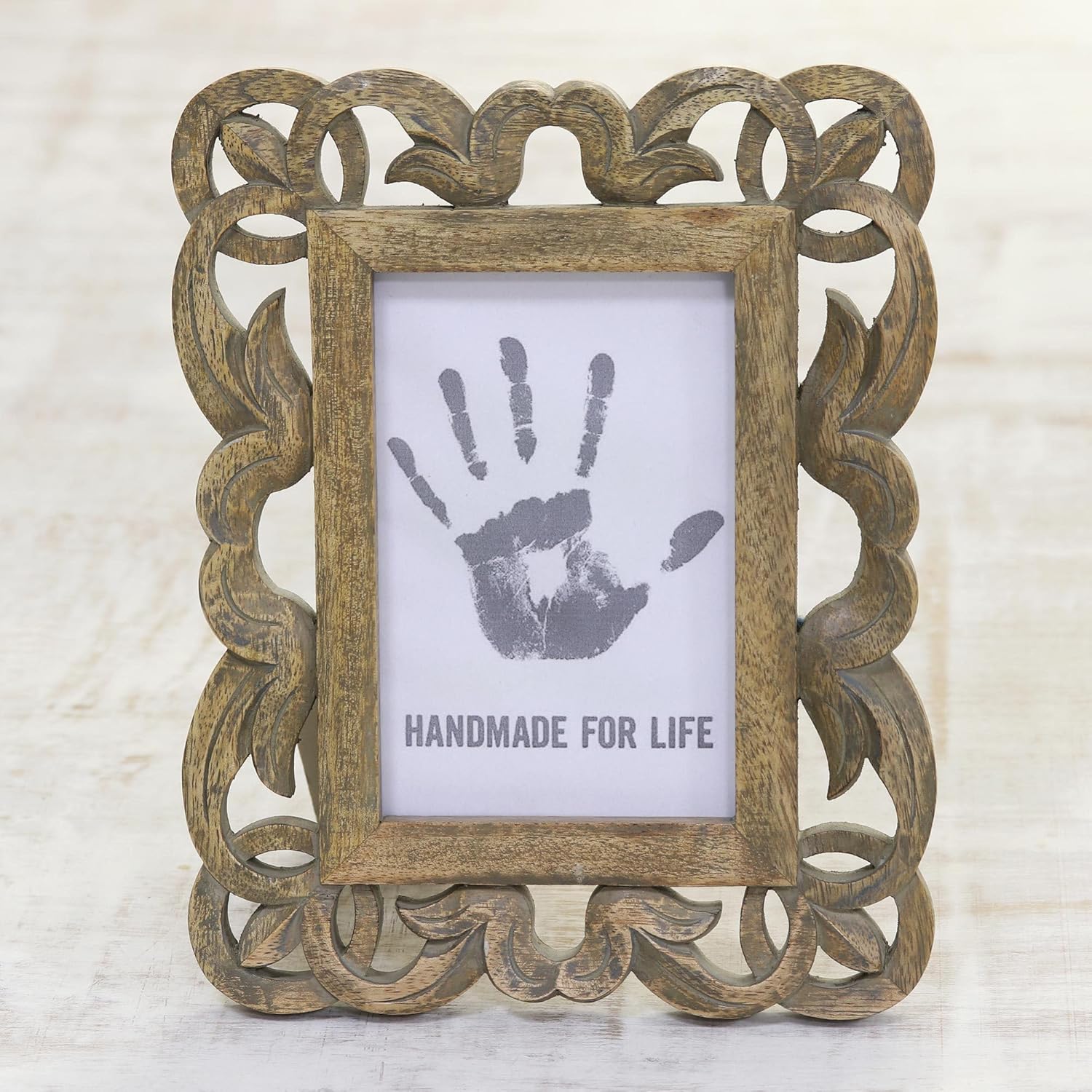NOVICA Hand Carved Mango Wood Photo Frame, Brown, 4X6, 'Beauty On The Vine'