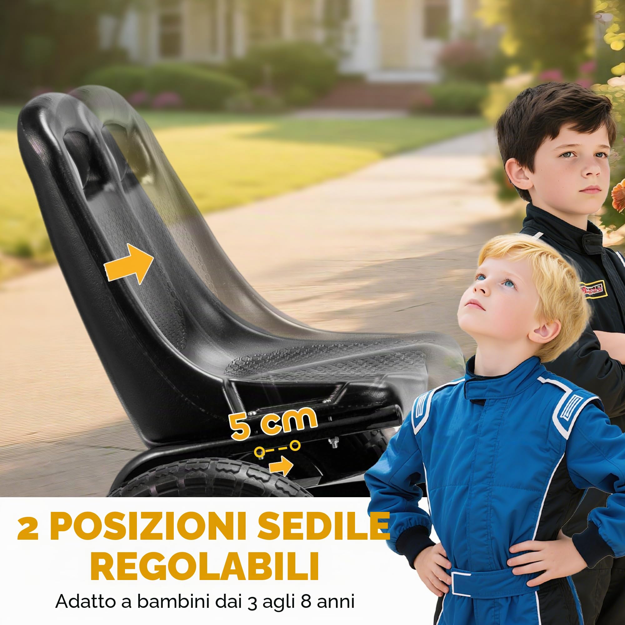 AIYAPLAY Go-Kart a pedali per bambini, con sedile regolabile, pneumatici EVA, frizione e freno manuali, veicolo a pedali per bambini e bambine dai 3 agli 8 anni, nero