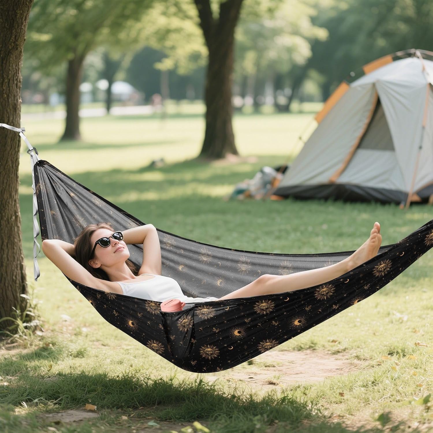 ALAZA Sun Moon Stars Astrology Camping Hammocks Single or 2 Person 500 lbs Portable Parachute Travel Hammock w/Tree Straps for Hiking Backpacking Indoor Outdoor
