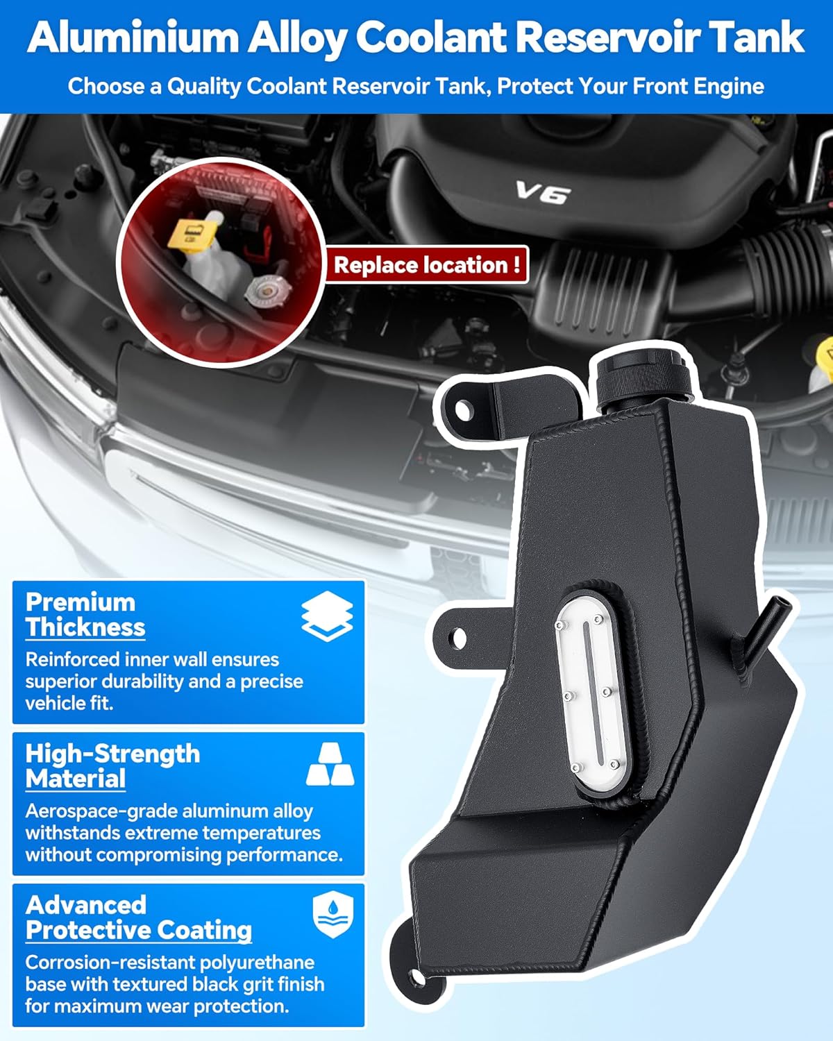 603-630 Coolant Reservoir Tank with Cap Compatible with 2011-2024 Dodge Durango, 2011-2021 Jeep Grand Cherokee, Coolant Overflow Tank Replace 68080551AA 68251851AA CH3014133, Aluminium Alloy