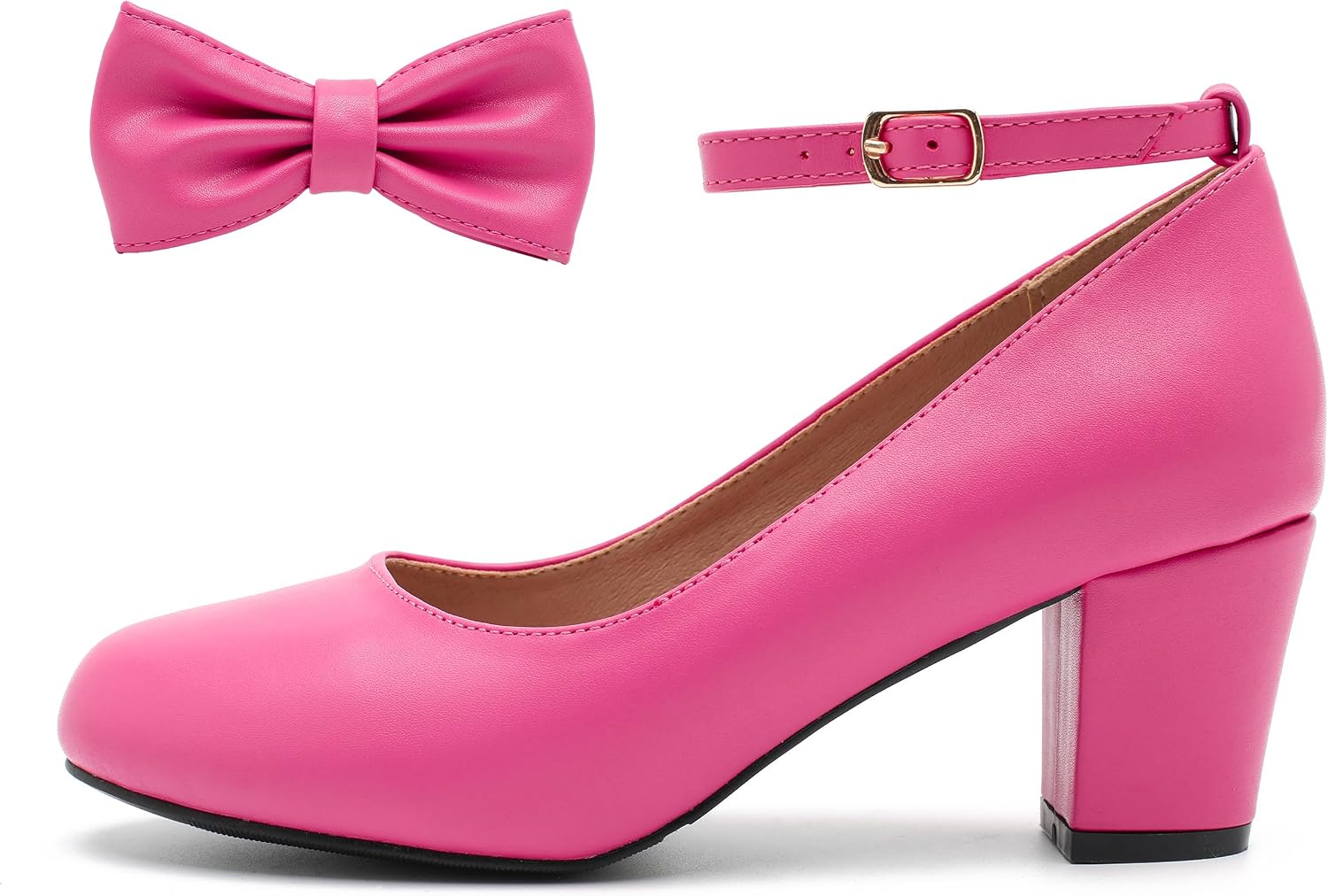 Women's Ankle Strap Pumps, Block Heel, Removable Bow, Closed Round Toe