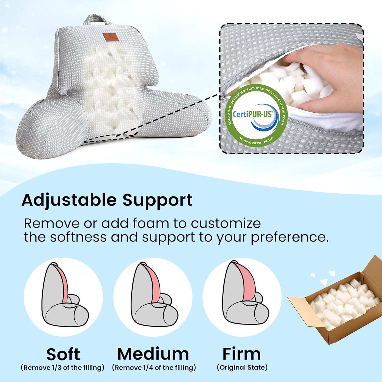 Amélie Home Premium Cooling Waffle Reading Pillow, Qmax>0.37 Ergonomic Backrest Support with Pocket & Handle, Breathable Lounging Pillow for Bed Sofa Floor Summer, 17 Inches, Grey