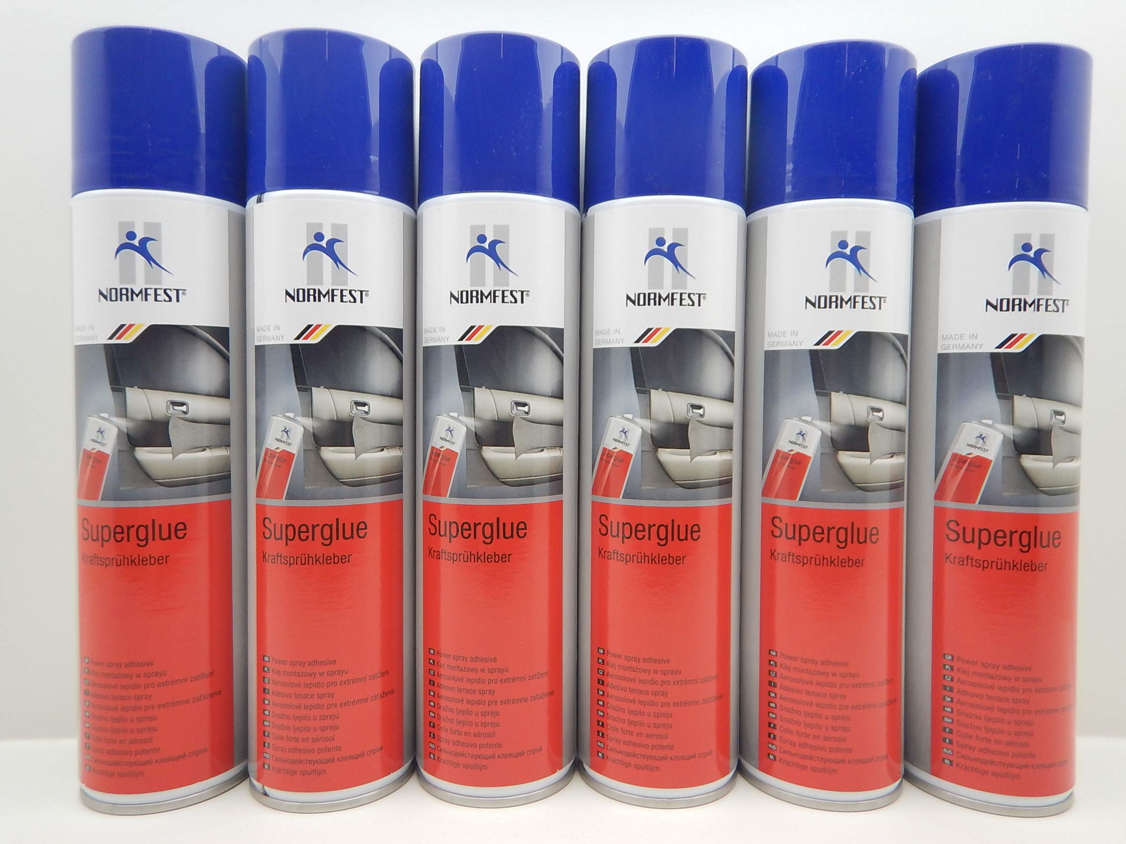 Normfest Super-Glue transparenter Kraftsprühkleber mit hoher Soforthaftung, geruchsarm, für Kunststoff, Schaumstoff, Holz, Metall, temperaturbeständig 6x 400ml
