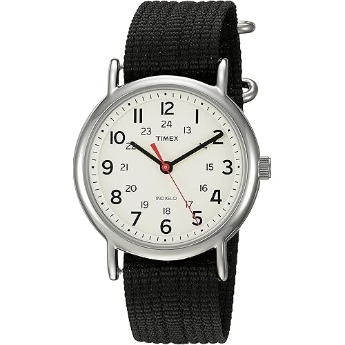 Timex Unisex TWC027600 Weekender 38mm Cream/Black Nylon Slip-Thru Strap Watch