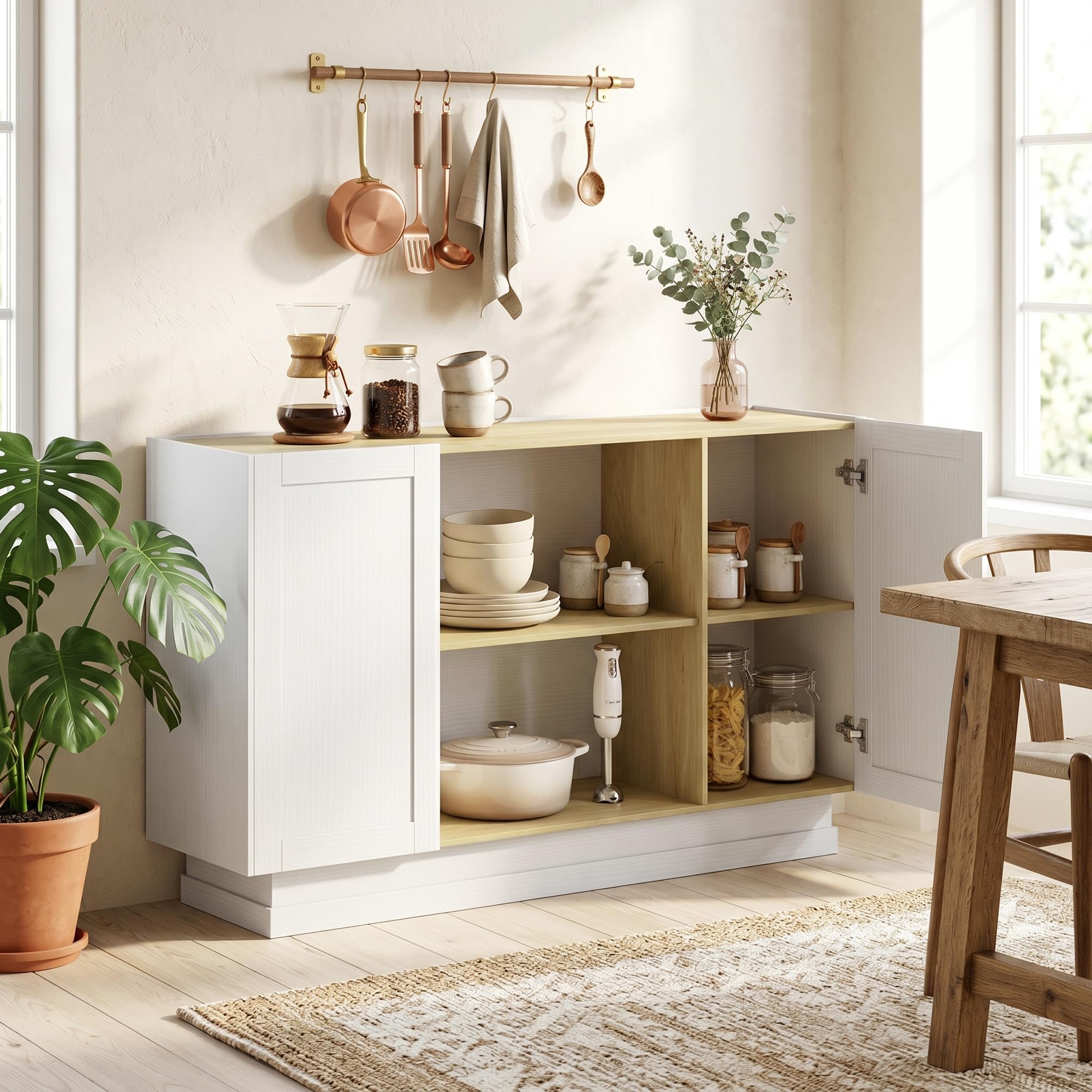 HOMCOM Aparador con 2 Estantes Abiertos 133x35x79,7 cm Natural y Blanco | Armario de Cocina Moderno, 2 Puertas de Cierre Suave, Mueble de TV para 60 Pulgadas, para Salón, Comedor