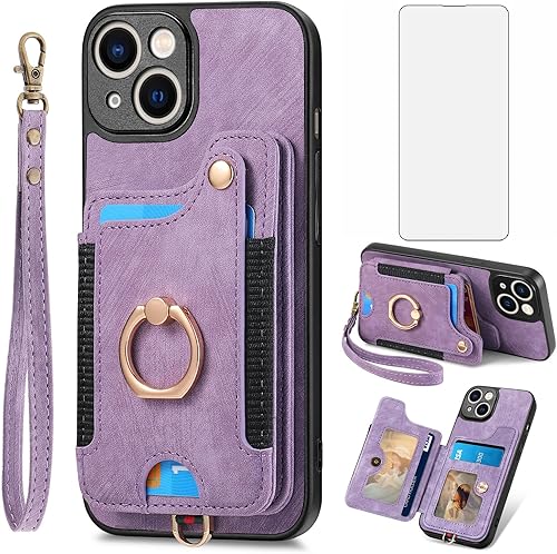 Asuwish Funda de teléfono para iPhone 15 Plus de 6.7 pulgadas, funda tipo cartera con protector de pantalla y correa para la muñeca, soporte para