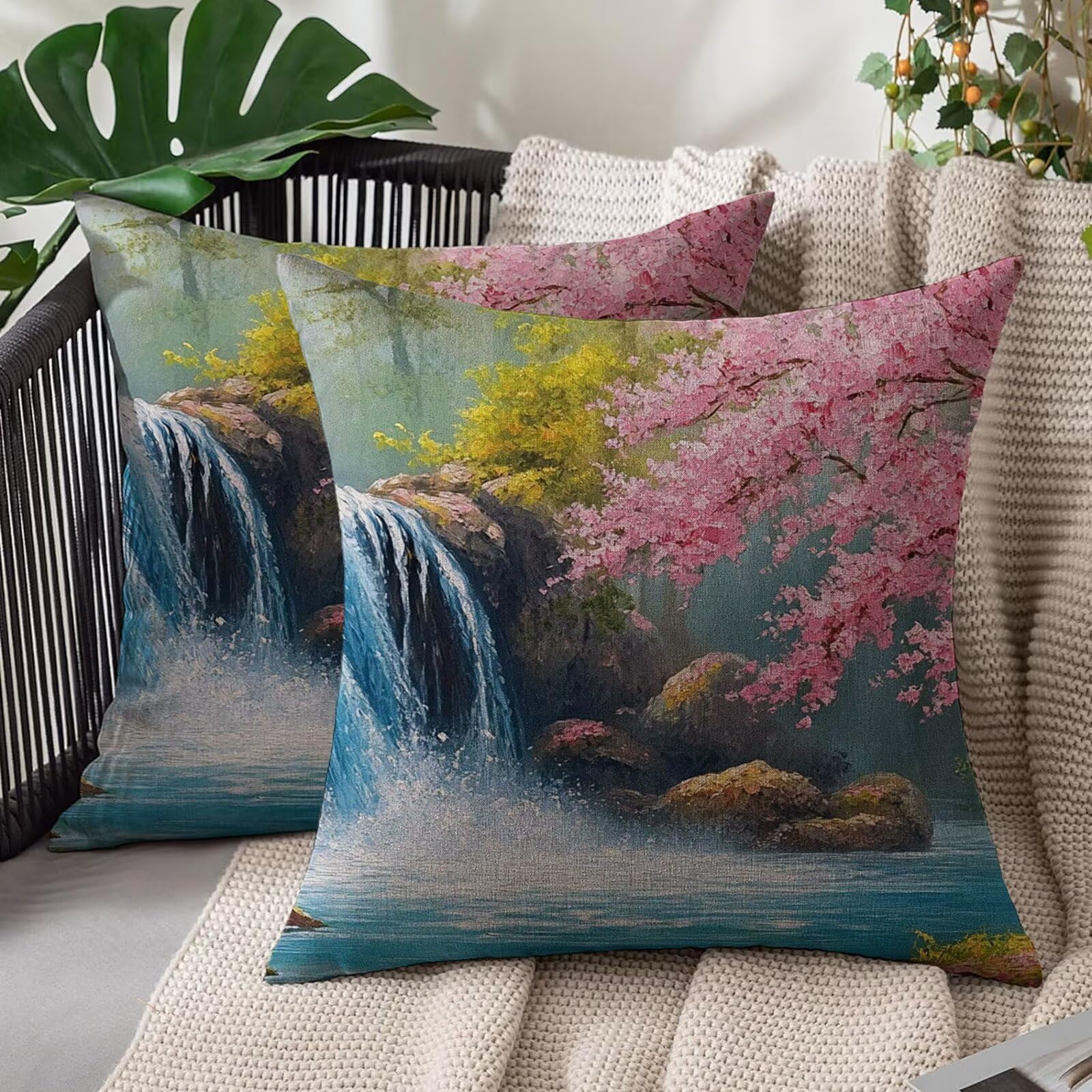 Housse de coussin imperméable 40x40 lot de 2 taies déco lin extérieur et canapé