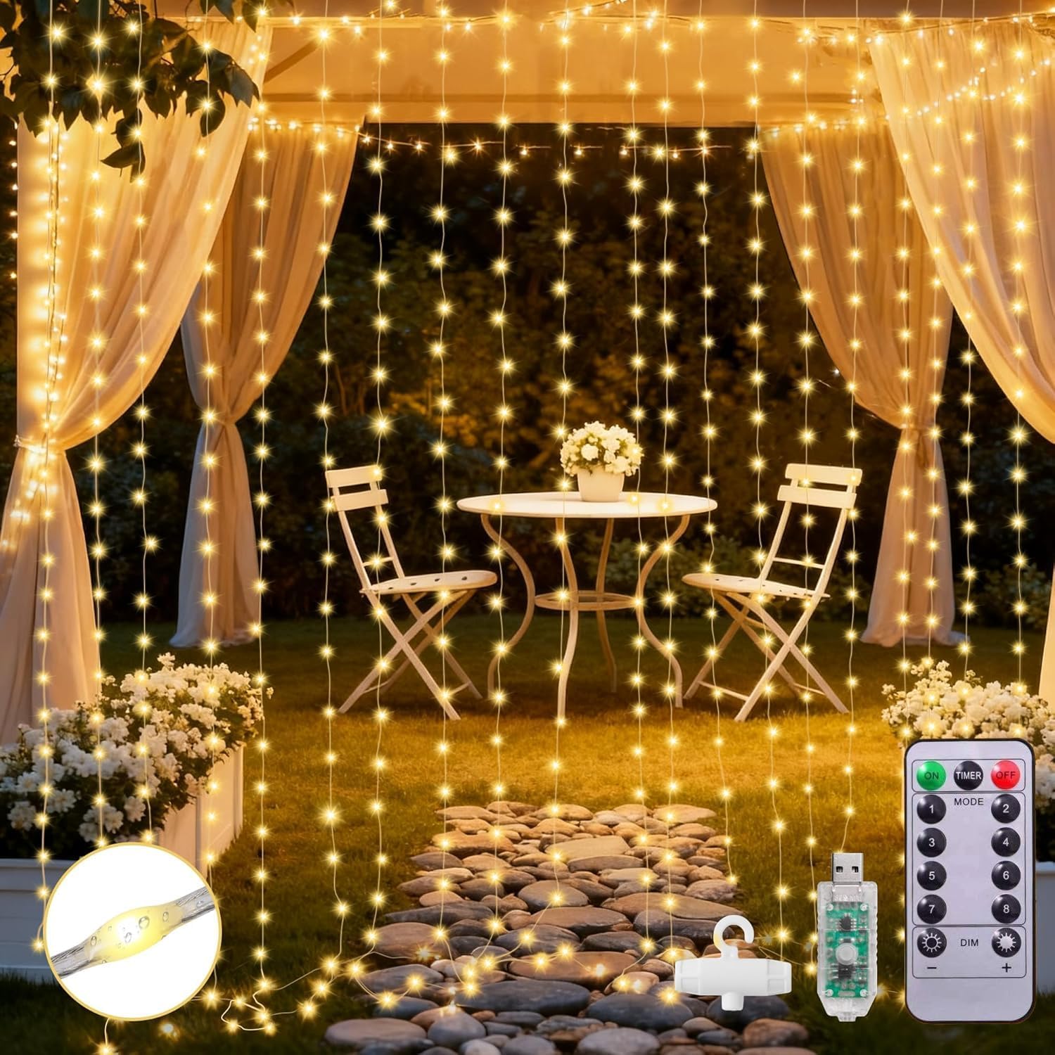 NeoVita Curtain String Lights 9.8×9.8FT, 300 LED Window Fairy Lights | Remote Control 8 Modes Timer Dimmable Brightness, USB Powered LED Curtain Lights with PVC Wire for Wedding Party Home Décor