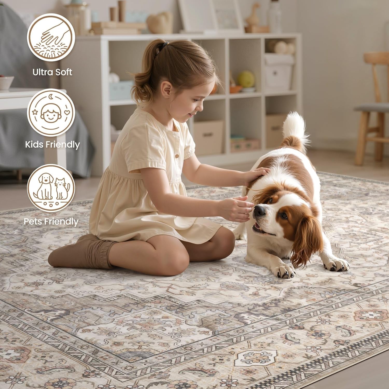 Washable Area Rugs for Living Room - 9x12 Neutral Vintage Distressed Floral Farmhouse Boho Large Soft Floor Rug Indoor Non Slip Carpet for Bedroom Dining Room Office - Brown/Multi - Image 5