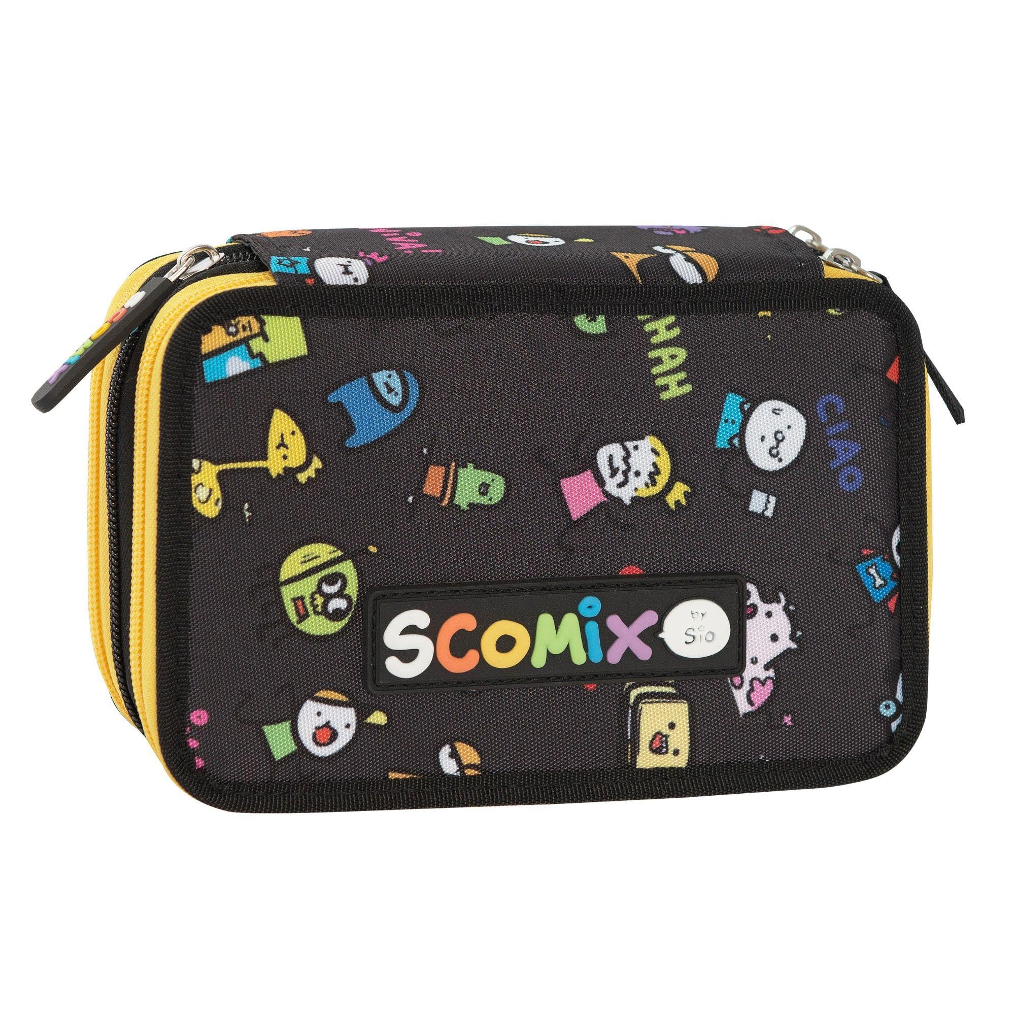 COMIX Scomix by Sio - Astuccio Scuola, Astuccio 3 Scomparti per Bambini e Bambine, con Set Cancelleria Completo, 5 Etichette Portanome e Pratiche Chiusure a Zip, 20x13Hx7 cm
