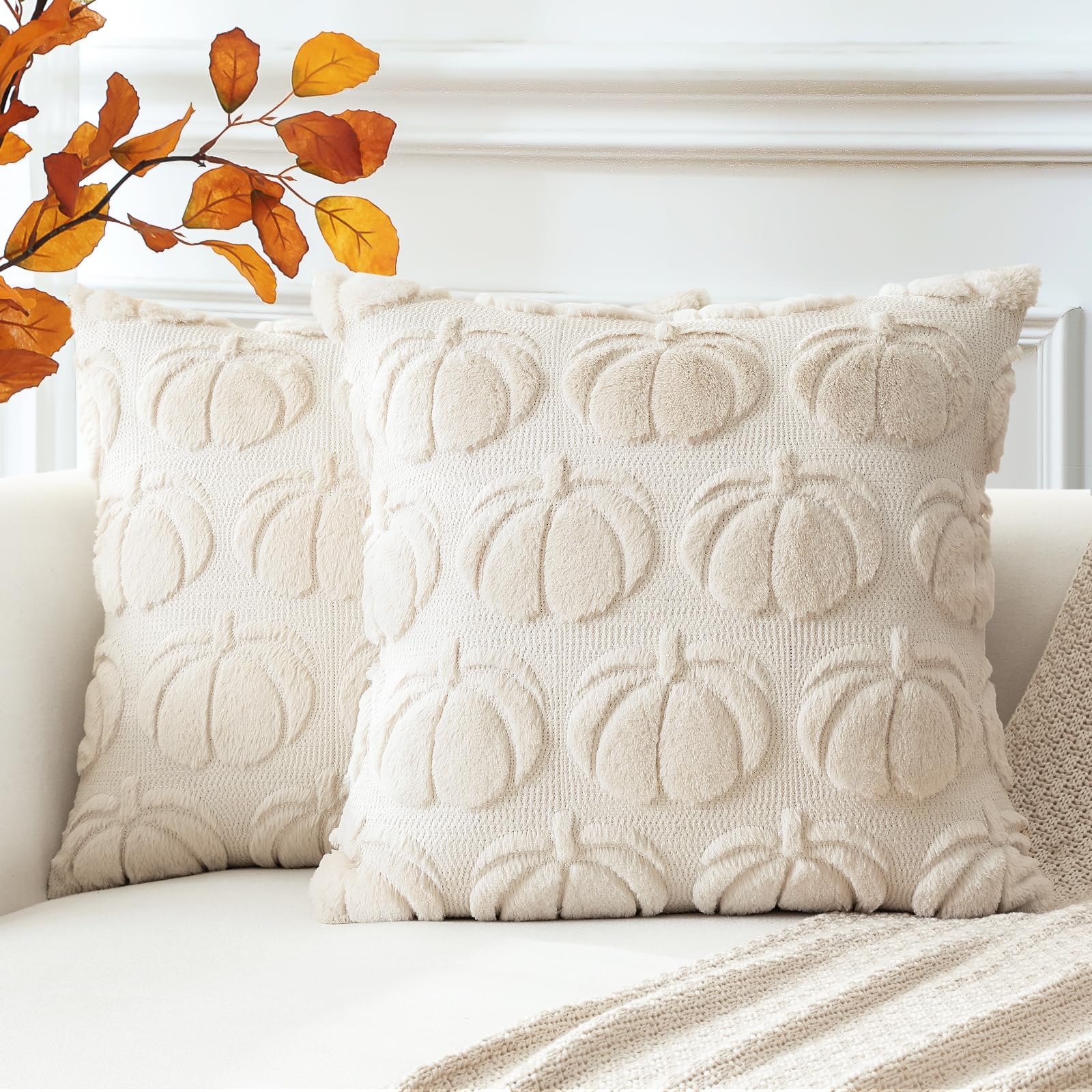 Artscope Fall Cushion Covers Set of 2 Autumn Pumpkin Throw Pillow Covers for Sofa Couch Bed Living Room Soft Plush Short Wool Velvet Farmhouse Pillowcases for Halloween 45x45cm Cream Beige โ image 1