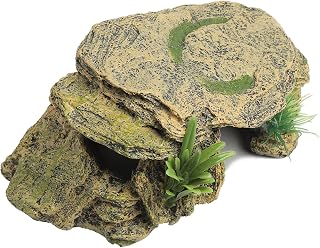 IBWell Leopard Gecko Hide - Small Resin Reptile Cave with Basking Rock, Plants & Humid Hide for Lizards, Turtles, Geckos