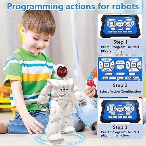 Miniatura 3 de Robot de control remoto para niños, robot de baile programable con detección de gestos con ojos LED y carga USB, para niños de 6 a 12 años (gris)