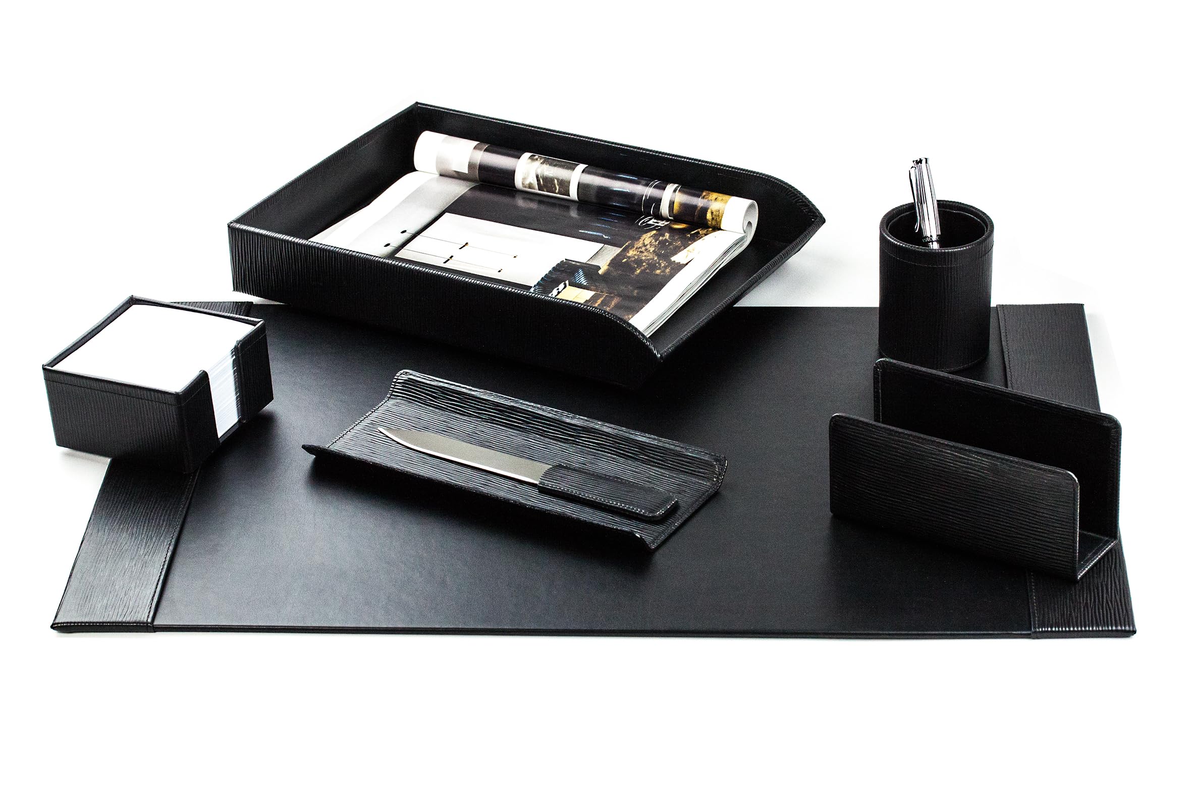 DELMON VARONE - Schreibtischset 7-teilig Manhattan Premium Leder Manhattan schwarz - Schreibtisch Büro Set Organisation mit Schreibtischunterlage, Federschale, Zettelkasten, Stifteköcher & Briefablage