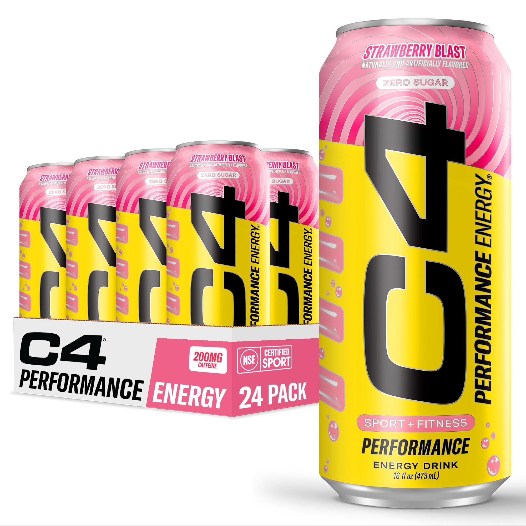 cellucor c4 performance energy drink | strawberry blast | zero sugar carbonated preworkout energy | 200mg caffeine with beta alanine | 16 fl oz (24 pack)