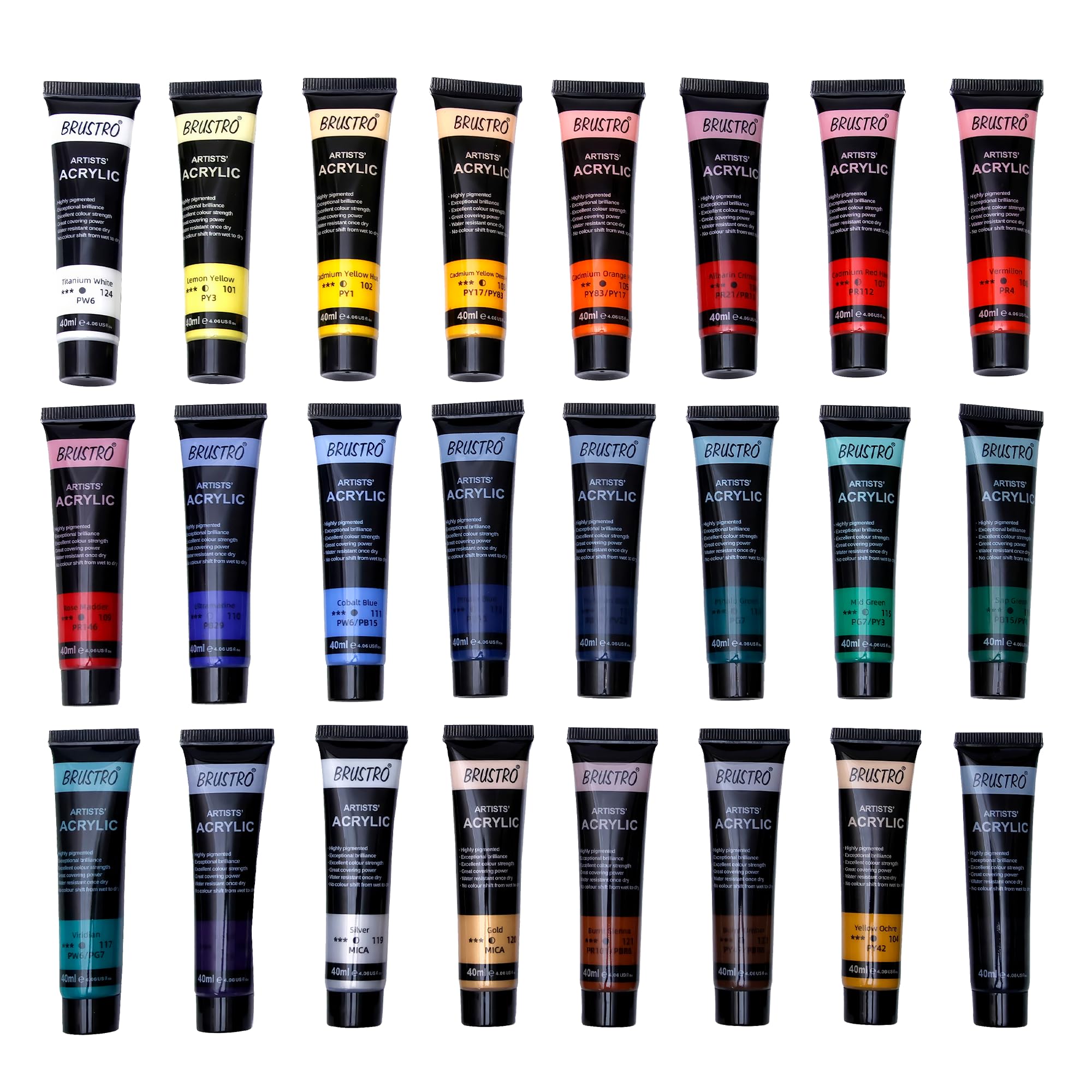 BRUSTRO Künstler-Acrylfarbe, Set mit 24 Stück, 40 ml Farbtuben, lebendige Farbtöne, weicher Körper, auf Wasserbasis, ungiftig, miteinander mischbar, ideal für Papier, Leinwand, Karton, Kunststudenten,