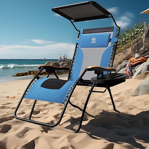 Miniatura 4 de Zero Gravity - Silla reclinable plegable para exteriores, patio, césped, silla de descanso ajustable con toldo y reposacabezas, bandeja lateral para