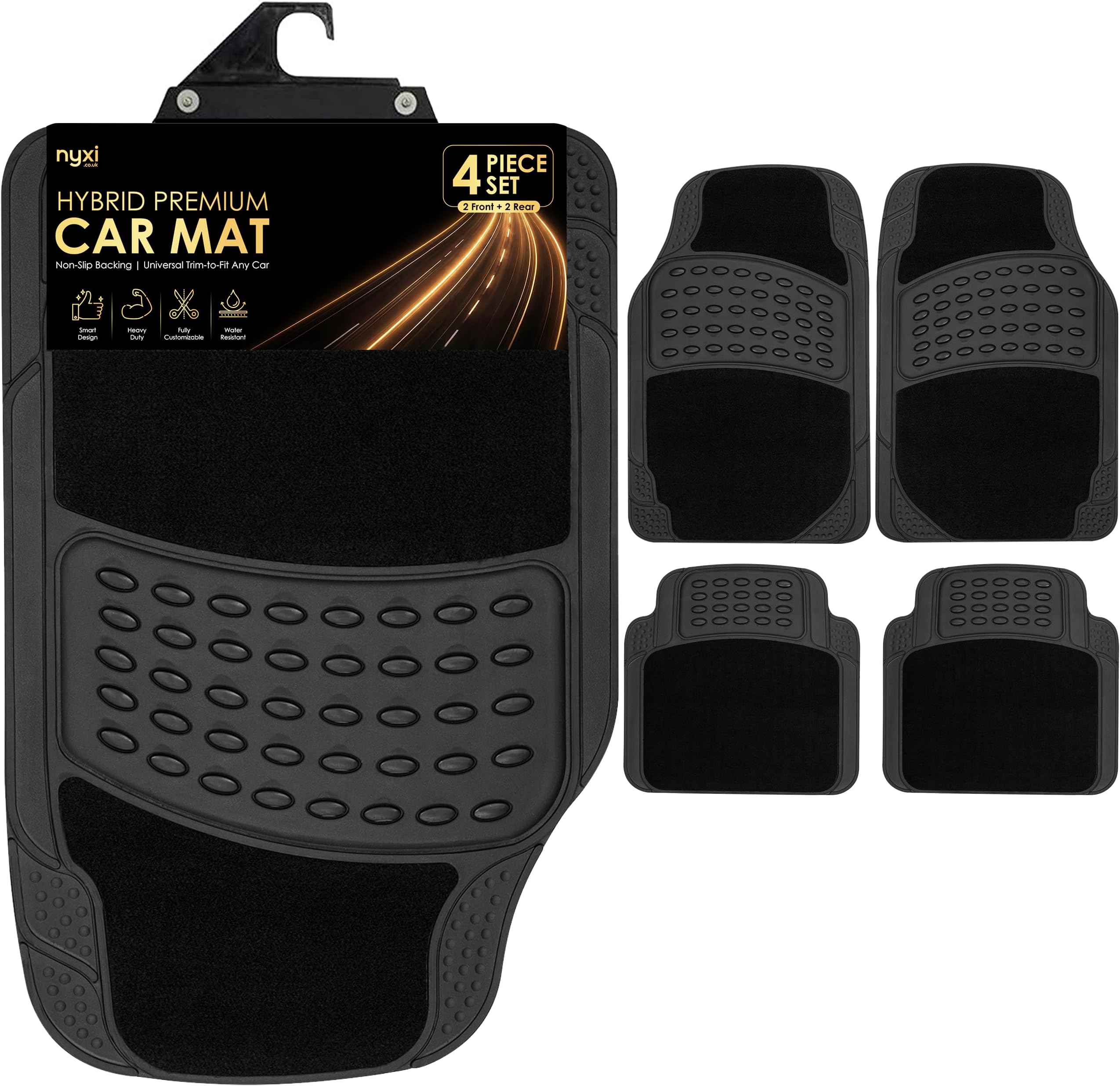 Nyxi 4 Piece Rubber Car Mat and Carpet (Front + Rear) Car Mat Floor Mat Universal Non-Slip Heavy Duty for Cars SUV Truck and VAN, Water Proof, All Weather