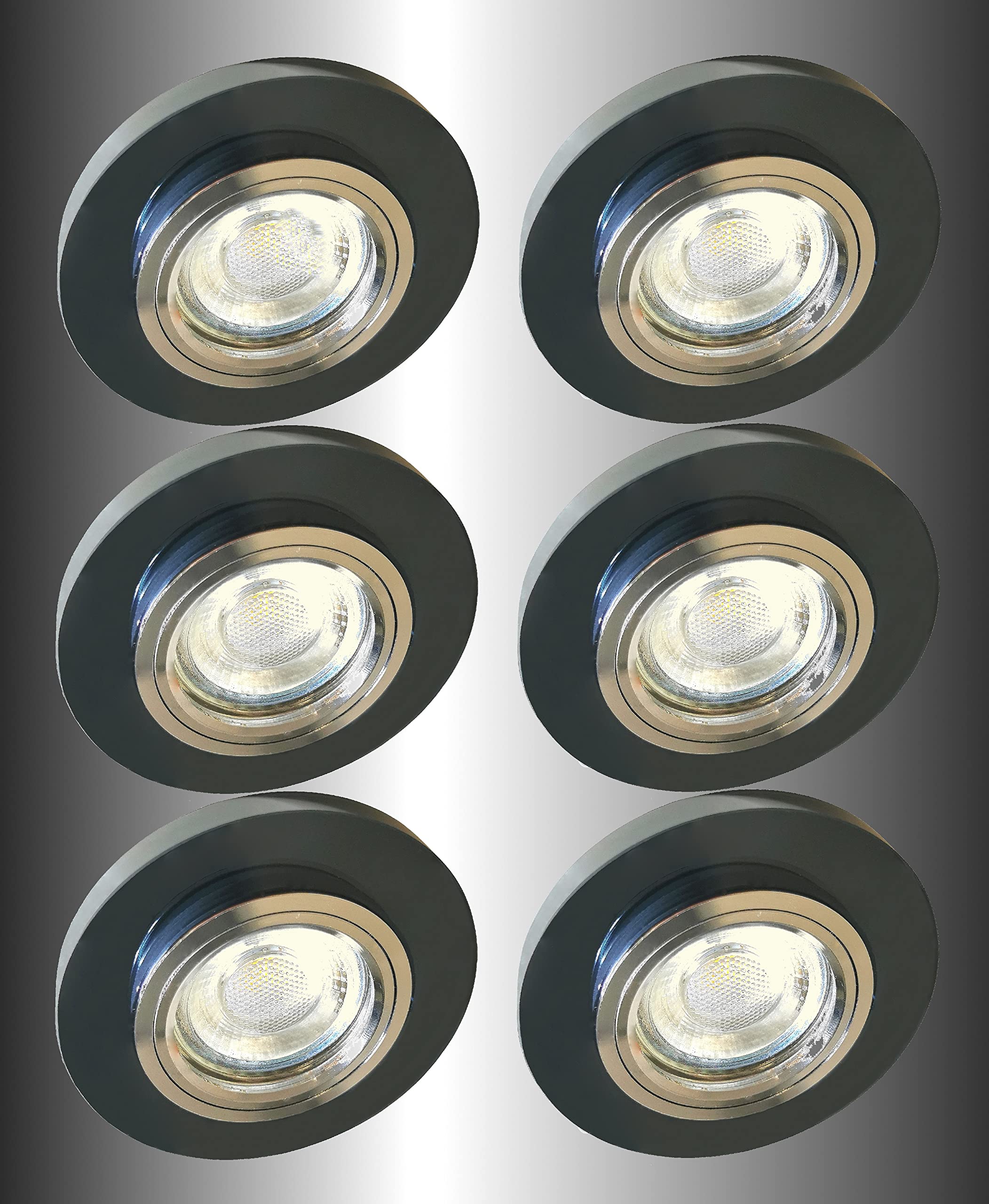 Trango 6736R-06G6KSDAK 6er Set *BLACK CRYSTAL* LED Deckenstrahler in Rund aus Schwarzglas inkl. 6x 3-Stufen dimmbar GU10 LED Leuchtmittel 6000K Tageslichtweiß, Einbauleuchte, Einbauspot, Deckenleuchte