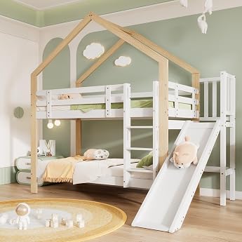 Etagenbett mit Rutsche und dreistufiger Winkelaufstiegsleiter Hausbett mit mit Absturzsicherung Kinderbett Bettrahmen aus Massivholz Wei +Natur 90x200 cm Ohne Schublade