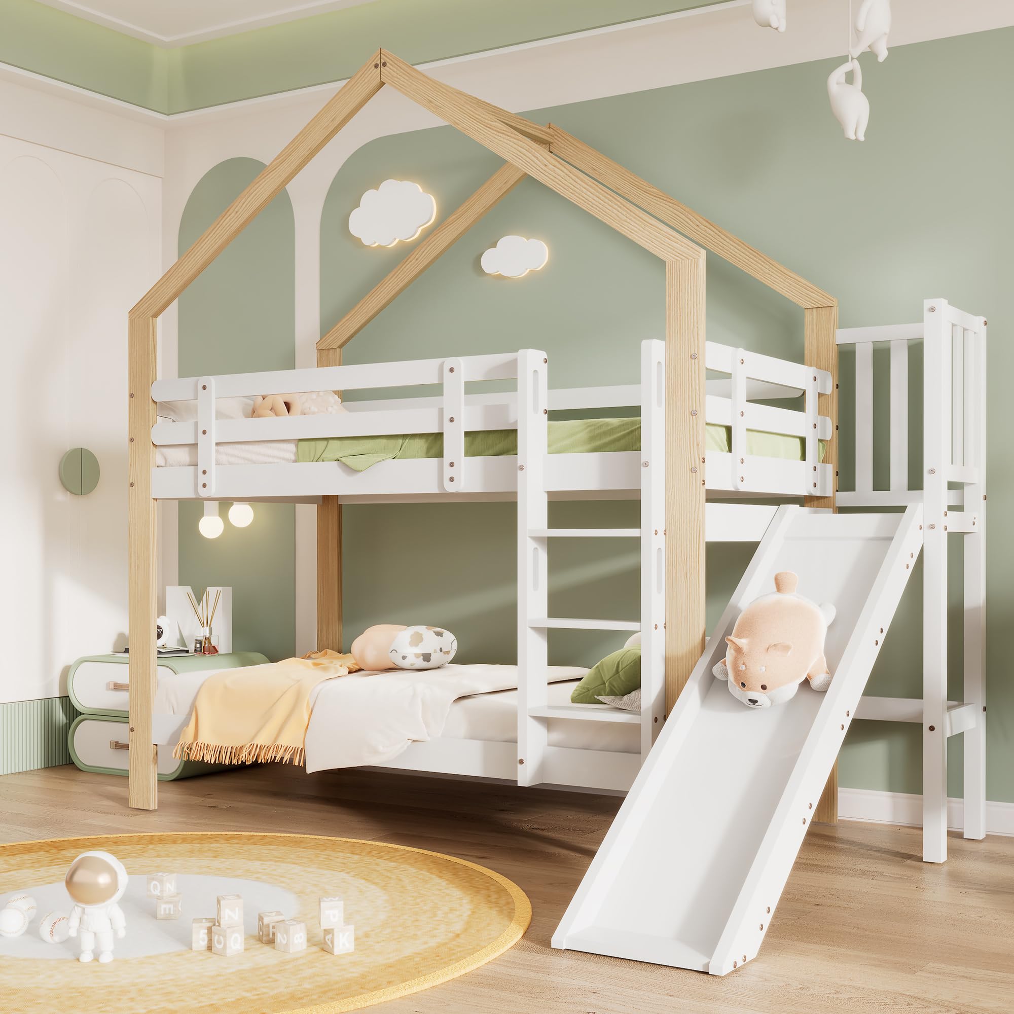 Letto a castello con scivolo e scala angolare a tre pioli, letto con protezione anticaduta, letto per bambini, telaio in legno massello, bianco+colore naturale, 90 x 200cm (Senza cassetto)