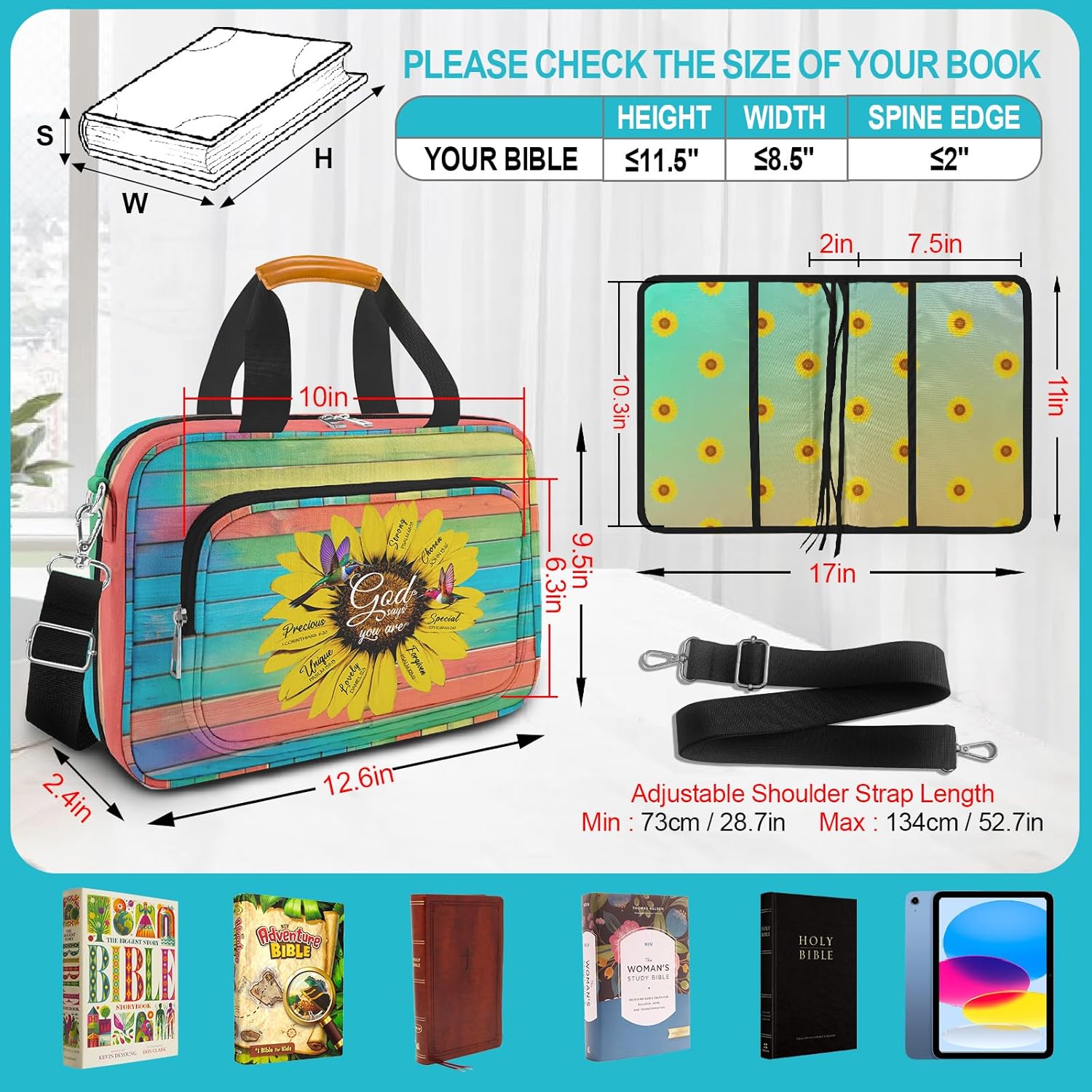 Bible Case for Women,Large Bible Cover,Bible Carrier,Bible Bag for Women Organizer,Sunflower Hummingbird Bible Holder,God Says You Are,Bible Study Supplie Kit With Highlighters,Tabs,Pen,Christian Gift - Image 3