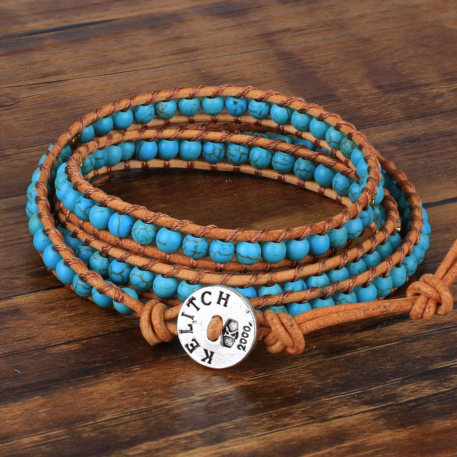 KELITCH Turquoise Mother of Pearl Silver Mix Beaded 3 Wrap Bracelet Handmade New Cuff Jewelry - Image 4