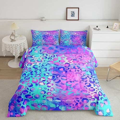Feelyou Juego de edredón colorido de leopardo azul, morado, rosa, leopardo, juego de ropa de cama para niños pequeños, elegante juego de edredón