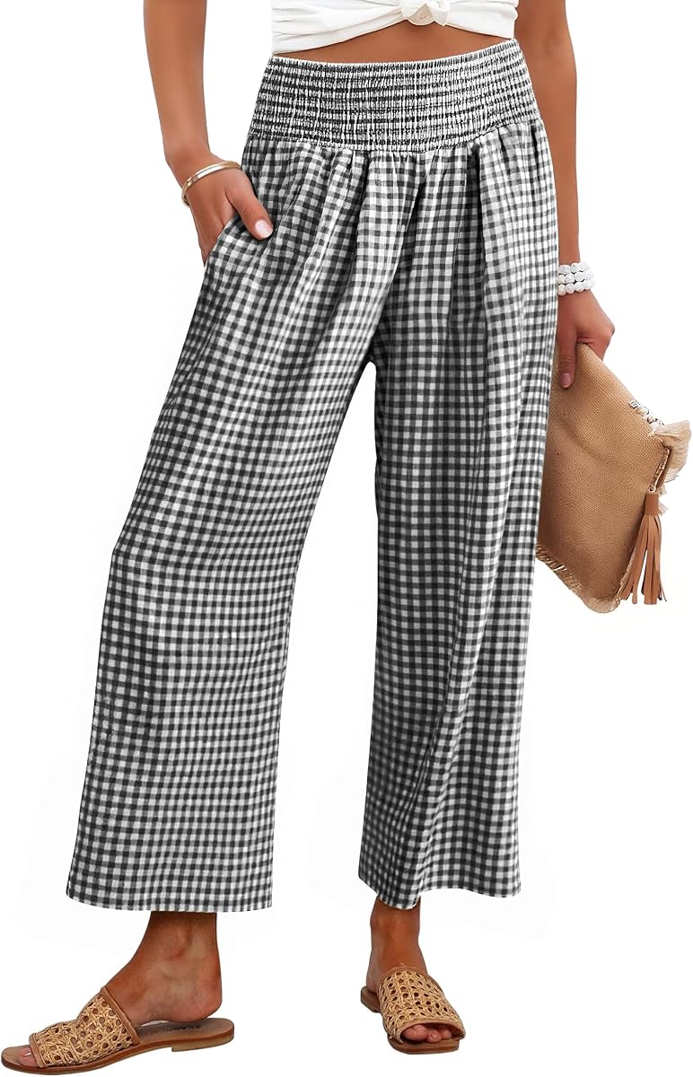 ANRABESS Womens Striped Gingham Palazzo Pants | Wide Leg Smocked High Waisted Cropped PJ Bottoms, Lounge & Casual, Summer Fall Comfy Cute Pants with Pockets