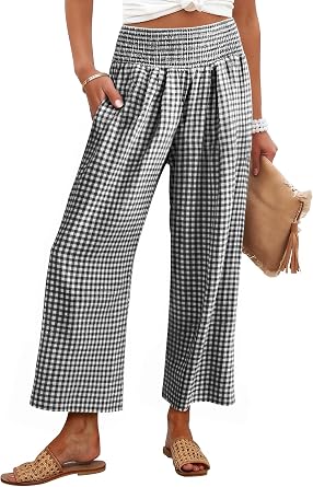 47% off: ANRABESS Womens Striped Gingham Palazzo Pants | Wide Leg Smocked High Waisted Cropped PJ Bottoms, …