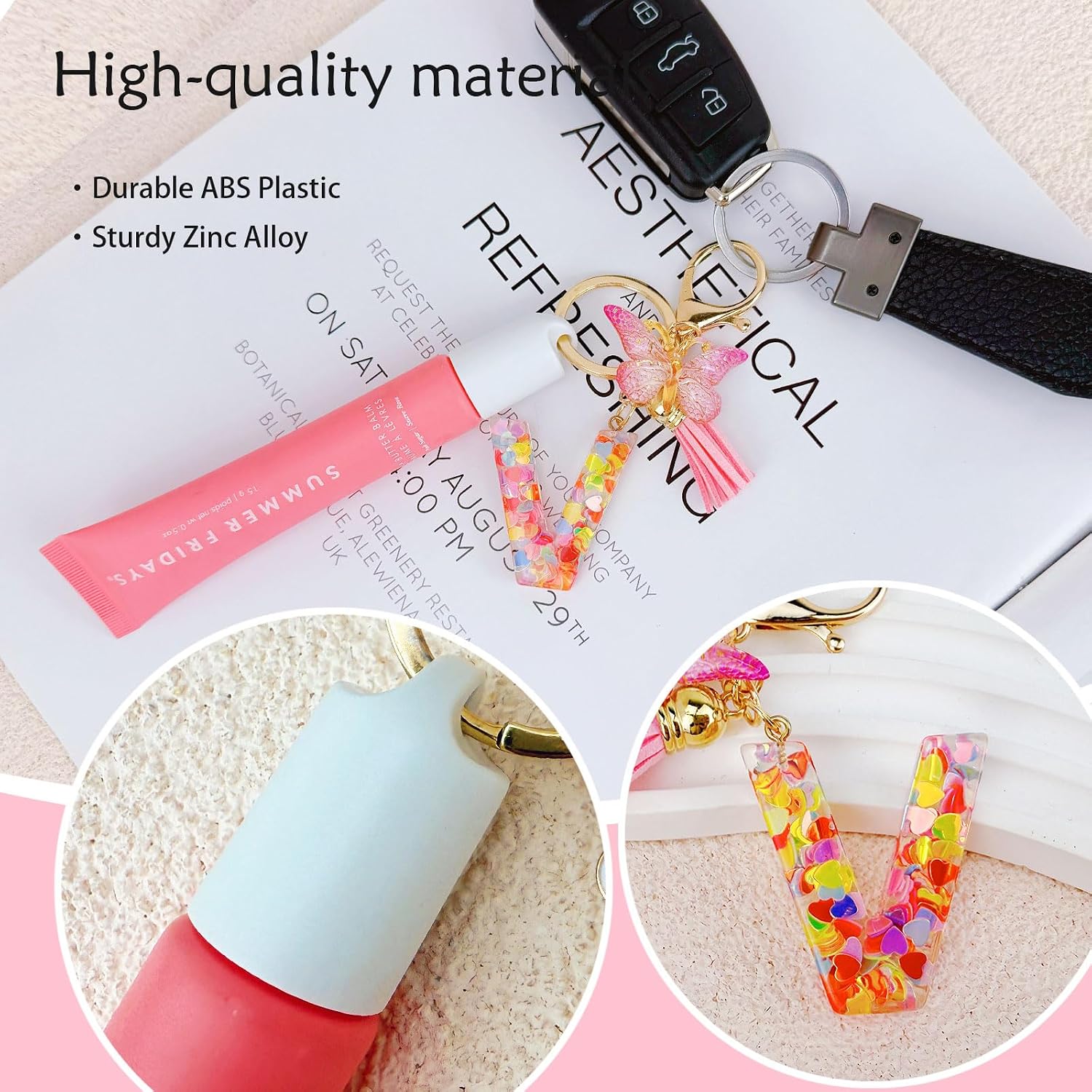 Initial Letter Keychain Cap for Summer Fridays,Glossier, Cute Lip Balm Gloss Keychains Portable Lipgloss Holder for Women Wallet Backpack Bag Charms Personalized Accessories 2pcs Kit Letter-V image 5