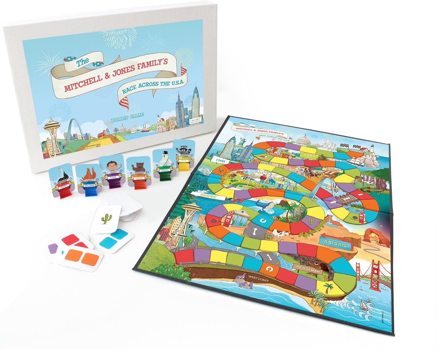 Personalized board game for family game night with spaces for family names